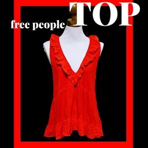 Free People Ruffle Trim Hem Tomato Red Babydoll V Neck Sleeveless Tank size S |P